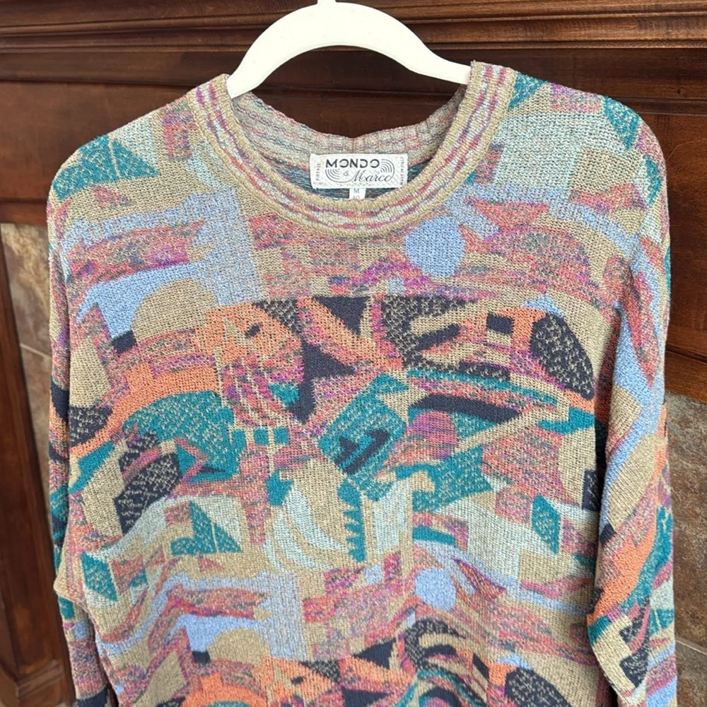 Vintage Italian made sweater colorful geometric Cosby vibes 80s 90s artsy M/L - Picture 2 of 11